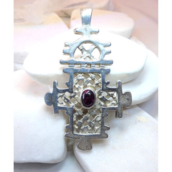 Sterling Silver 925 Garnet Ethiopian Orthodox Coptic Christian Cross Pendant 24g - Picture 1 of 6